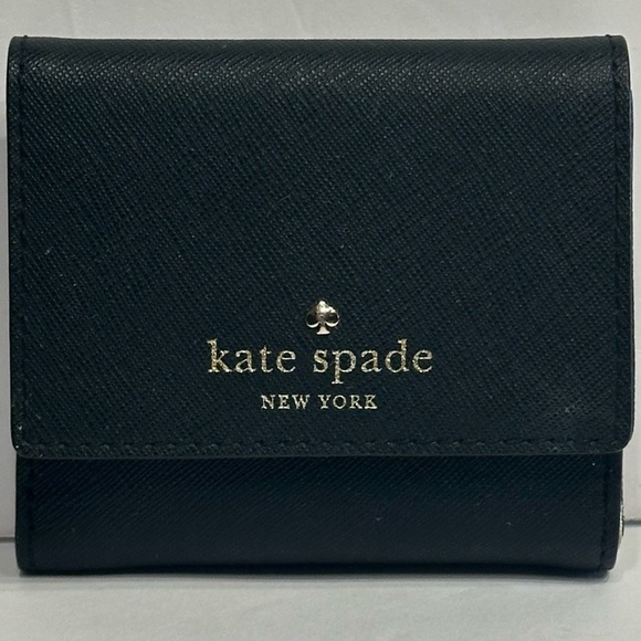 Kate Spade New York Black Snap Bifold Wallet With Polka-Dot Lining Gold Logo - Picture 1 of 11